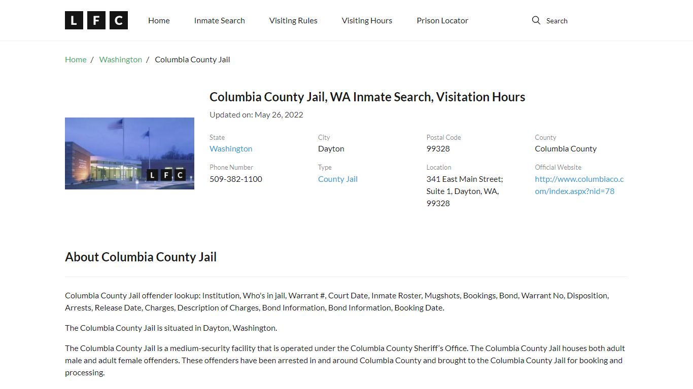 Columbia County Jail, WA Inmate Search, Visitation Hours